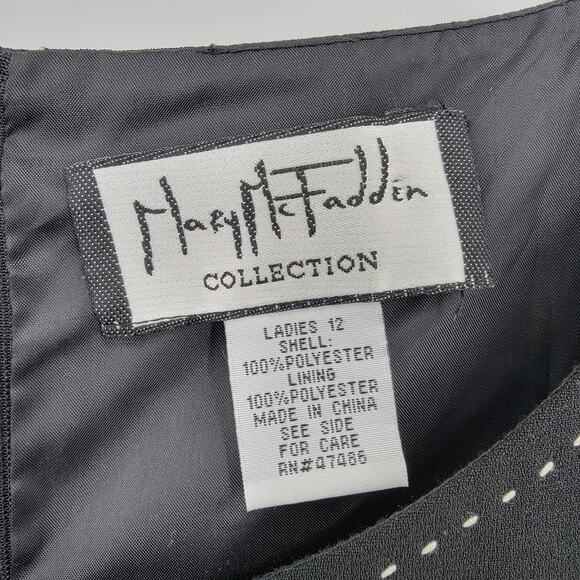 Mary McFadden Dress Womens 12 Black Sheath Lined White Stitch Neckline - Picture 12 of 14